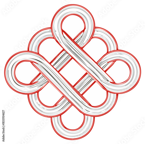 Intricate Red and White Intertwined Knot Symbol of Harmony and Infinity