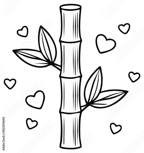 Lovely Outline Drawing of Bamboo Stalk with Leaves and Floating Heart Shapes