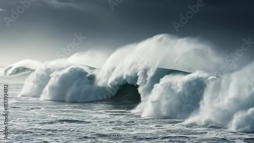 Powerful Ocean Waves Crashing Under a Moody Sky.
