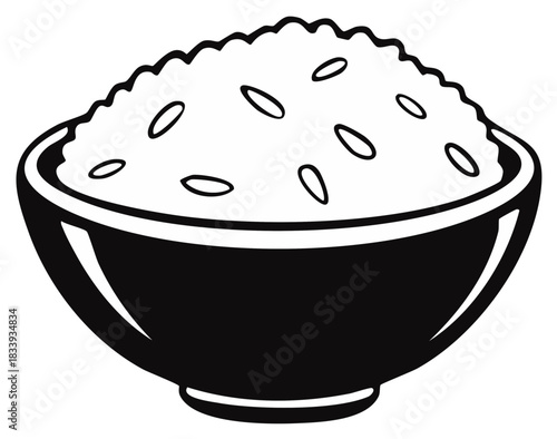 Black and white illustration of cooked white rice served in a serving bowl minimalist icon