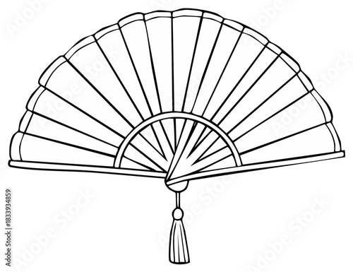 Traditional open hand fan with a tassel black and white line art illustration for a coloring book
