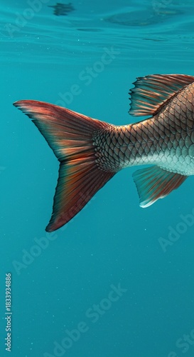 Vibrant caudal fin of a large fish propelling through clear water, showcasing intricate scales and dynamic aquatic motion ,clear ,marine ,ocean