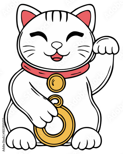 Lucky Cat Illustration Waving Welcoming Gesture Holding Ancient Coins