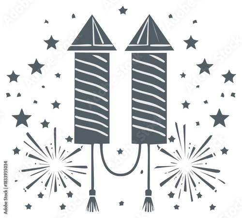 Two festive fireworks rockets launching with sparkling bursts and scattered stars celebration graphic