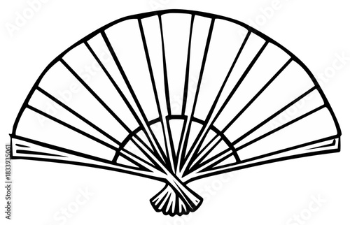 Black and white line art drawing of an elegant open traditional folding hand fan