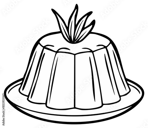Molded gelatin dessert with a garnish on a plate black and white line art illustration