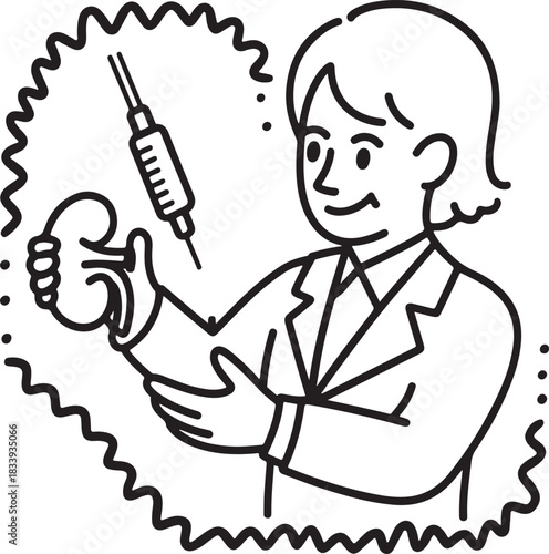 Medical professional vector illustration holding a kidney and syringe for healthcare and organ donation concepts