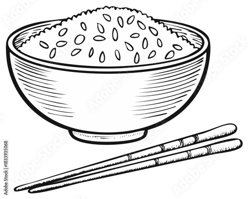 Bowl of rice with grains and chopsticks sketch illustration Asian cuisine
