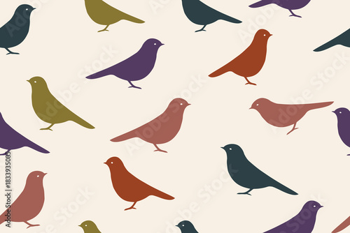 Seamless pattern of minimalist pastel birds on a light background, creating a calm and modern decorative design ideal for prints and home décor.