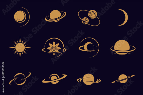 Set of 12 Celestial Icons – Mono tone Vector Planets, Moons, Sun, and Cosmic Symbols