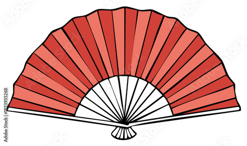 Elegant Red Folding Hand Fan Art. Striped Design with Asian Culture. Isolated Object, Accessory. Vintage Style Red and White Fan.