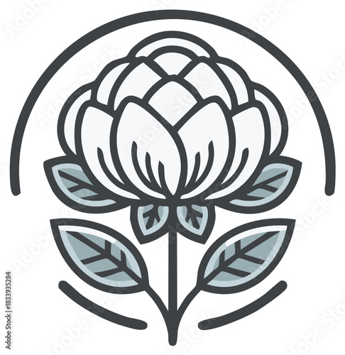 Minimalist floral emblem featuring a stylized white bloom and grey leaves framed by a graceful outline