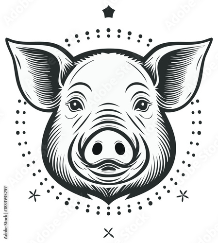 Stylized Pig Head Portrait in a Vintage Black and White Engraving Style