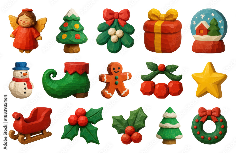 Obraz premium PNG Festive wooden Christmas ornaments collection, transparent background