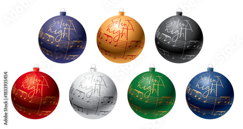 vector illustration of 3d Christmas balls with music notes of song Silent night like ornament