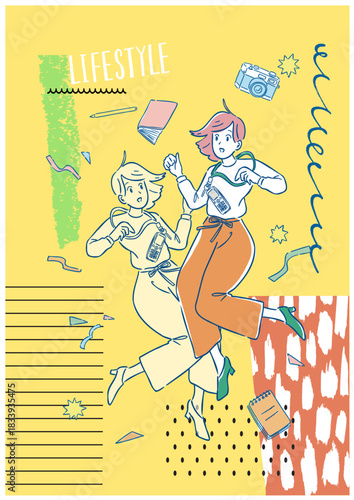 落書き風のイラスト  元気でジャンプしている働く女性 ノート カメラ 記者 取材 記事 オフィス