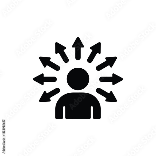 User with multiple arrows pointing outwards showing various choices distribution and different directions icon