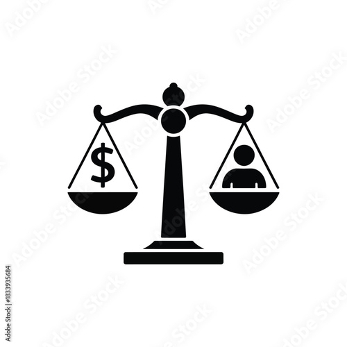 Scales of justice icon comparing money and human rights business ethics concept black isolated on transparent background vector illustration