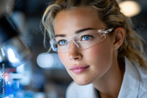 Close up of scientist looking through microscope