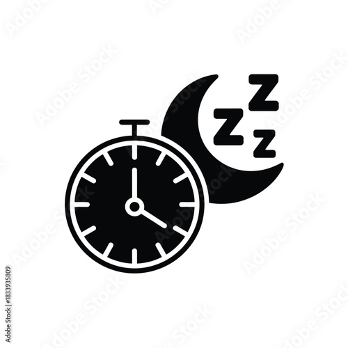 Concept of healthy sleep cycle displayed by black icon featuring analog clock next to crescent moon and multiple z letter symbols.