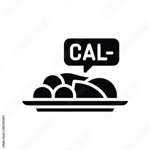 Black silhouette icon illustrating healthy eating diet concept showing plate of food with speech bubble indicating reduced calorie count.