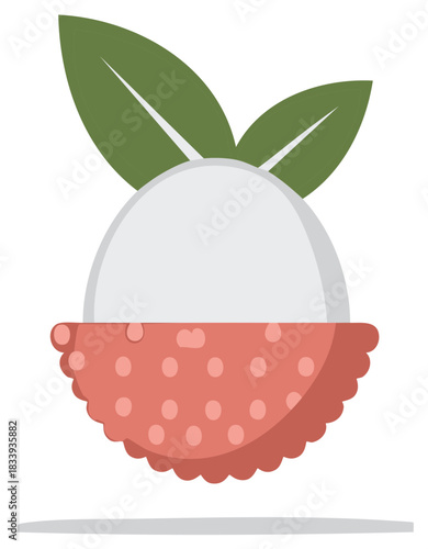 Fresh tropical lychee fruit peeled open showing white flesh and bumpy red skin with green leaves