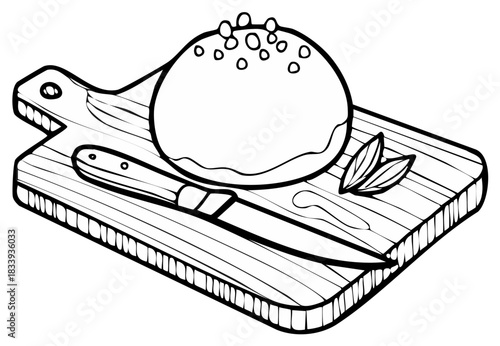 Hand drawn illustration of fresh mozzarella cheese on a wooden cutting board