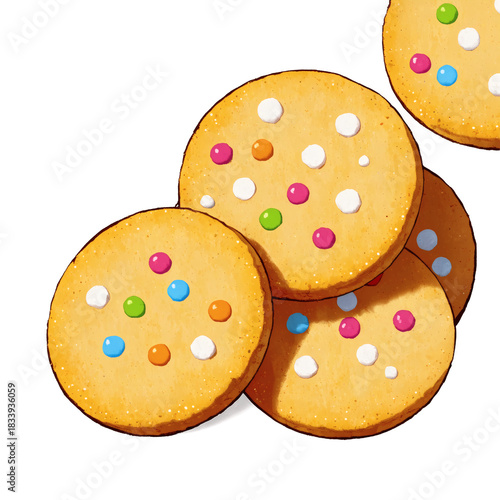 Colorful Christmas cookies with sprinkles stacked on white background  