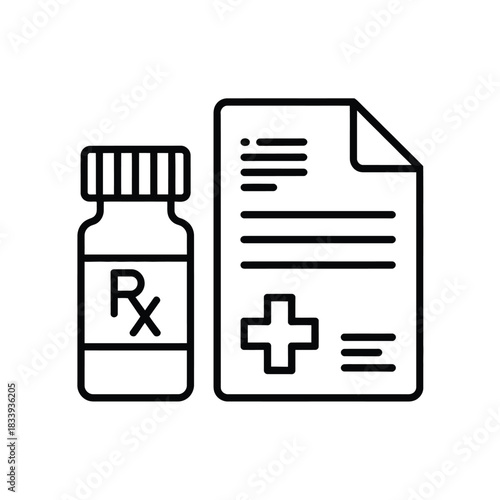 Medical prescription icon showing medicine bottle document with dosage instructions and healthcare cross symbol professional consultation vector illustration
