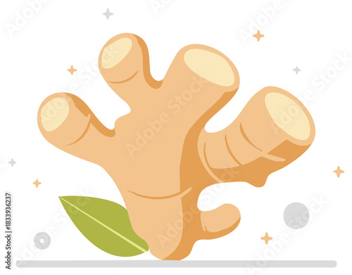 Healthy Ginger Root with Green Leaf and Decorative Sparkles