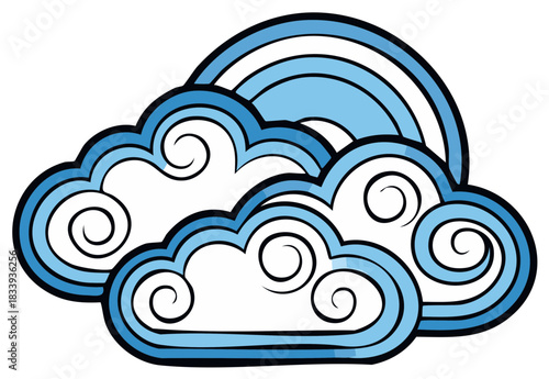 Whimsical cartoon blue clouds and partial rainbow illustration with decorative swirling patterns