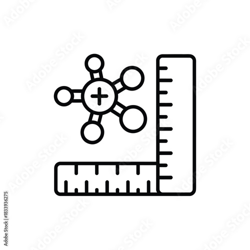 Scientific measurement vector icon representing chemical structure molecular analysis with precise engineering dimensions graphic design line symbol