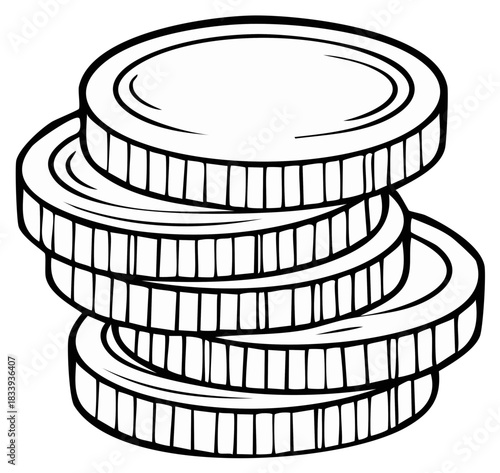 Cartoon stack of money coins icon, black and white vector line art illustration for finance concepts