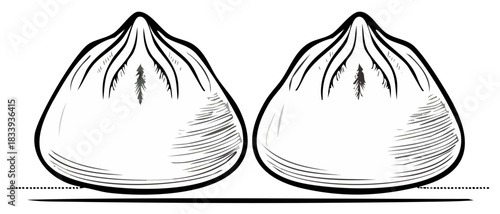 Minimalist Illustration of two stylized dumplings or buns with subtle tree graphics