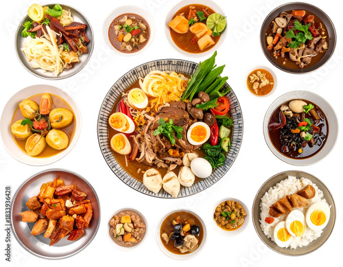 Wallpaper Mural A variety of Asian dishes arranged in bowls and plates showcasing noodles, soups, rice, and vegetables with vibrant colors Torontodigital.ca