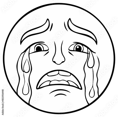 Black and White Line Art of a Round Face Crying with Tears of Sorrow