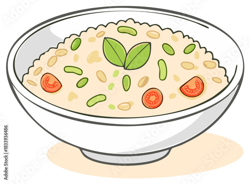 Cartoon bowl of savory rice dish with tomatoes green beans and fresh basil leaves illustration