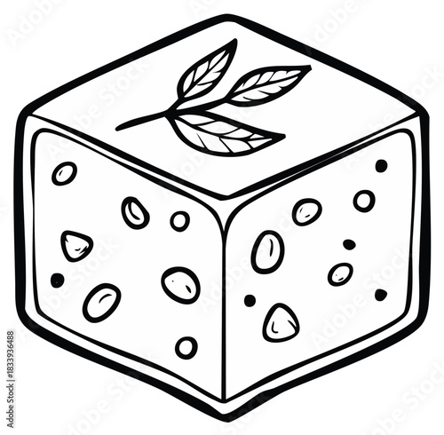 Hand drawn cube of cheese with green leaves and holes illustration