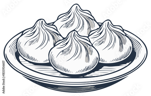 Hand drawn sketch of traditional Asian steamed dumplings served on a plate vector monochrome illustration