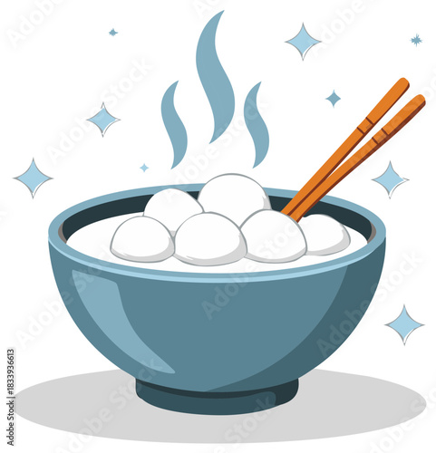 Bowl of Tangyuan Dumplings with Chopsticks and Steam Illustration