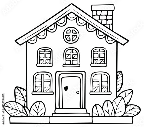 Cute Hand-Drawn House Illustration with Windows, Chimney, Door, and Leafy Bushes for Coloring, Sketchy Outline Style