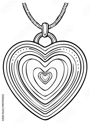Heart Shaped Locket with Nested Hearts on Chain Outline Drawing