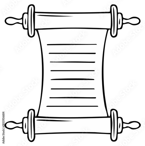 Hand-drawn scroll with horizontal lines, featuring vintage style rolls with handles on top and bottom, outline illustration
