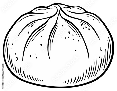 Detailed black and white illustration of a traditional Asian steamed bao bun dumpling with pleats