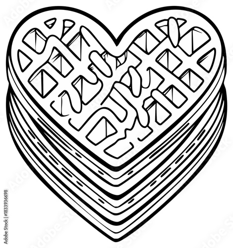 Heart shaped waffles with syrup topping romantic breakfast food line art illustration
