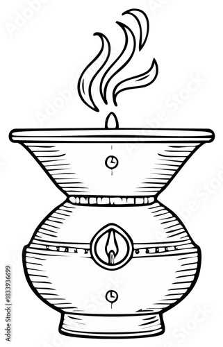 Stylized traditional incense burner or aroma diffuser emitting smoke line art illustration