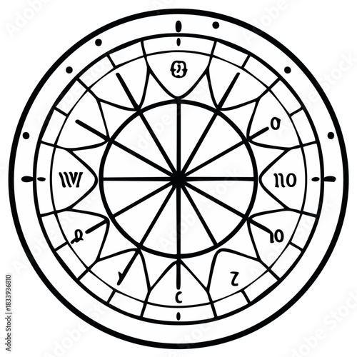 Mystical Circle Diagram with Geometric Shapes and Symbolic Inscriptions for Esoteric Design