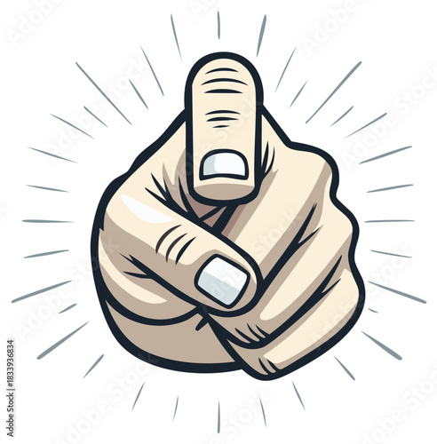 Retro comic style illustration of a hand pointing its index finger forward in a want you gesture