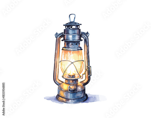 Hand drawn vector illustration of vintage metal kerosene lamp providing warm light standing on ground isolated on transparent background digital watercolor style.