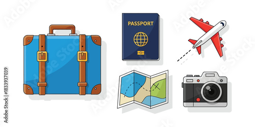 Travel icons including a suitcase, passport, airplane, map, and camera symbolizing vacation and journey planning for tourism and adventure